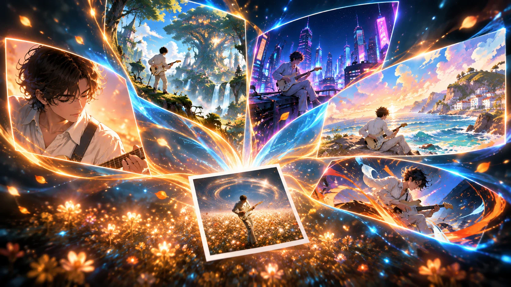 One photo opening into anime portrait, fantasy, neon city, and coastal scenes
