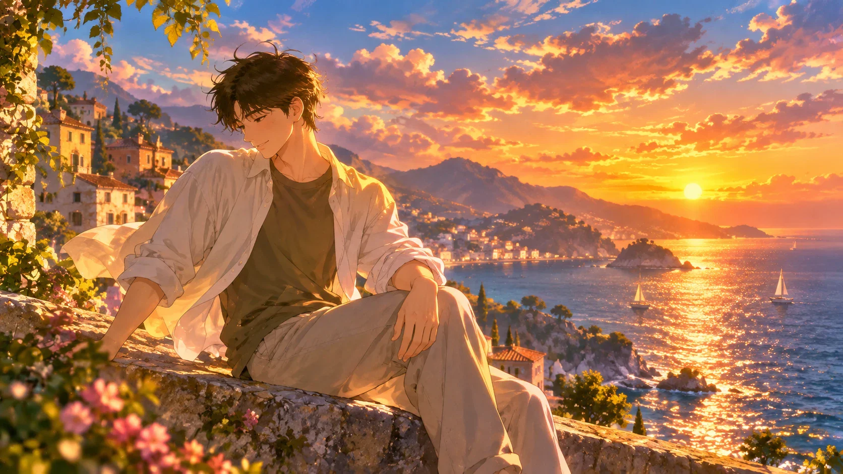 Anime character overlooking a sunlit coastal town and sea