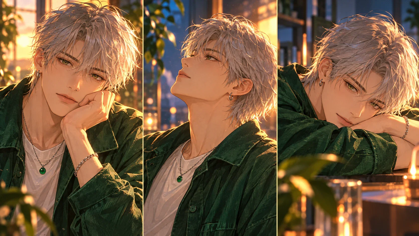 Silver-haired anime character shown consistently across three portrait poses
