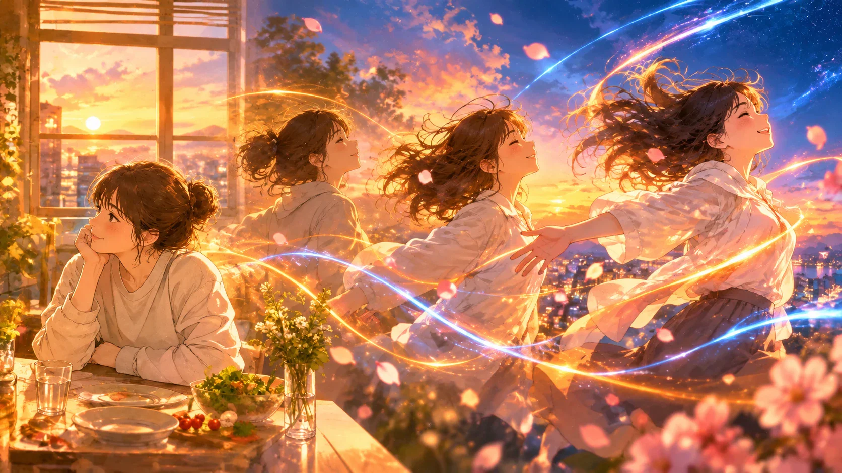 Anime character progressing through a flowing motion sequence with petals and light trails