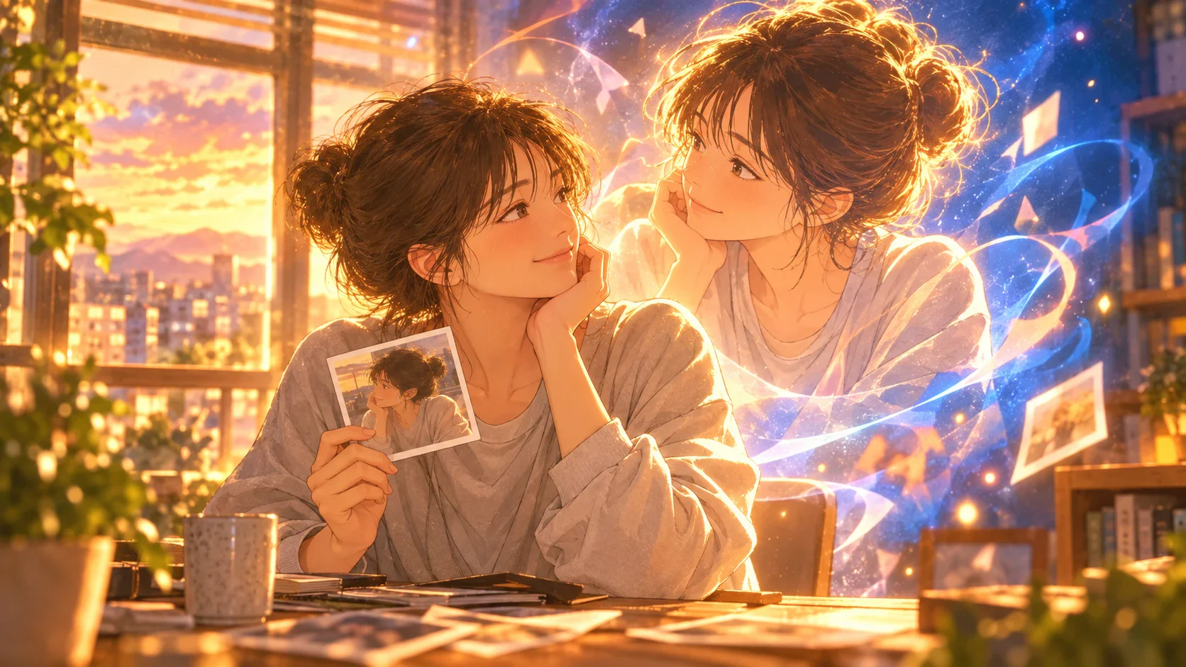 Photo print beside a luminous anime portrait with matching hair and clothing