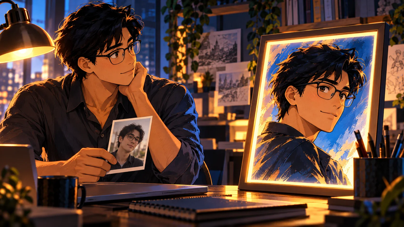 Creator comparing a photo print with a matching framed anime avatar