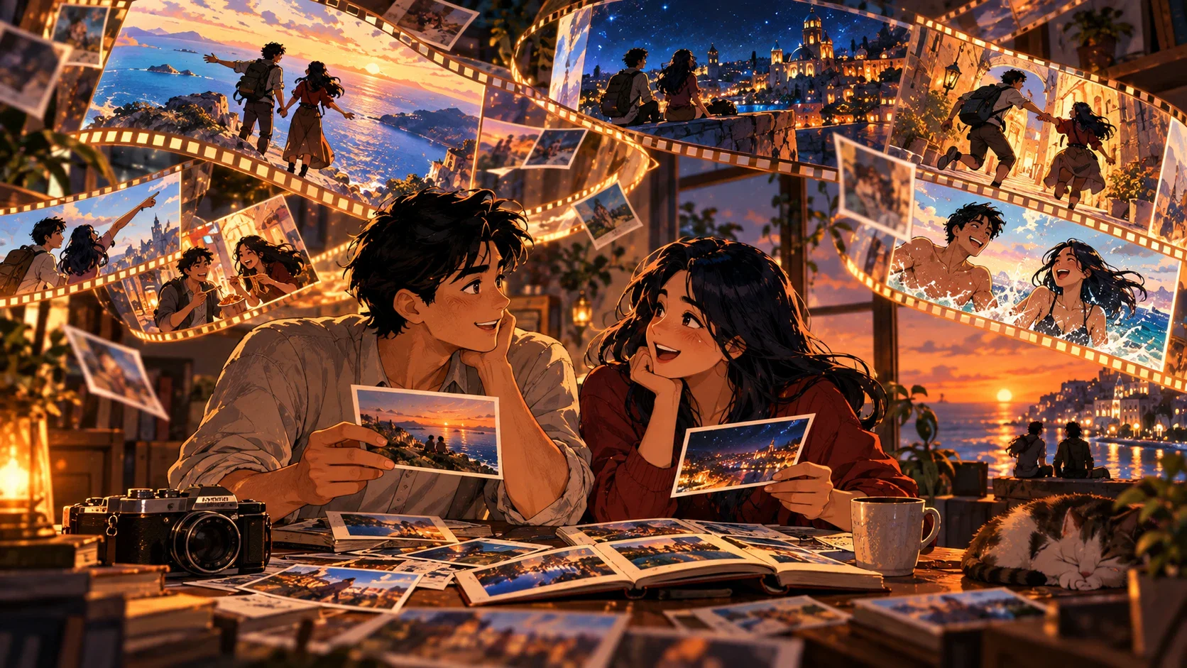 Two friends revisiting travel photos reimagined as warm anime memories