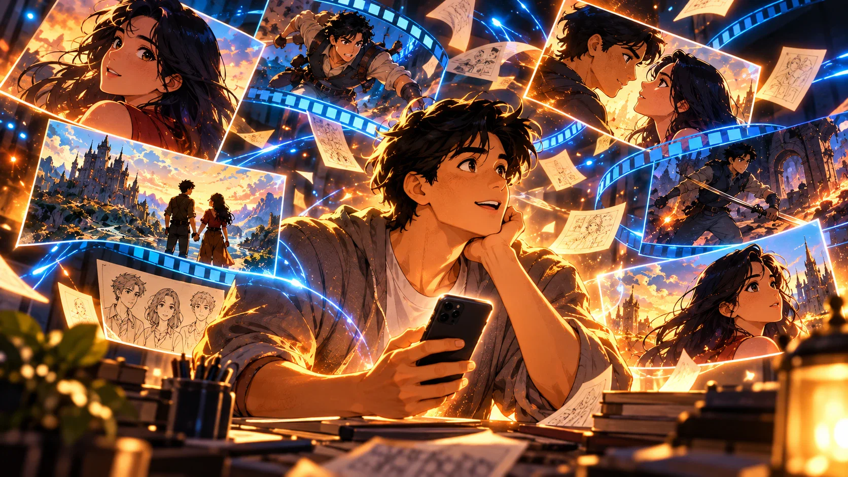 Creator surrounded by anime story frames prepared for social content
