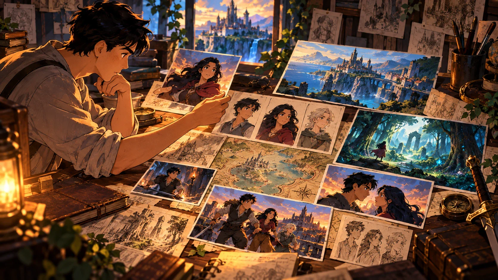Storyteller developing one anime character across several illustrated scenes