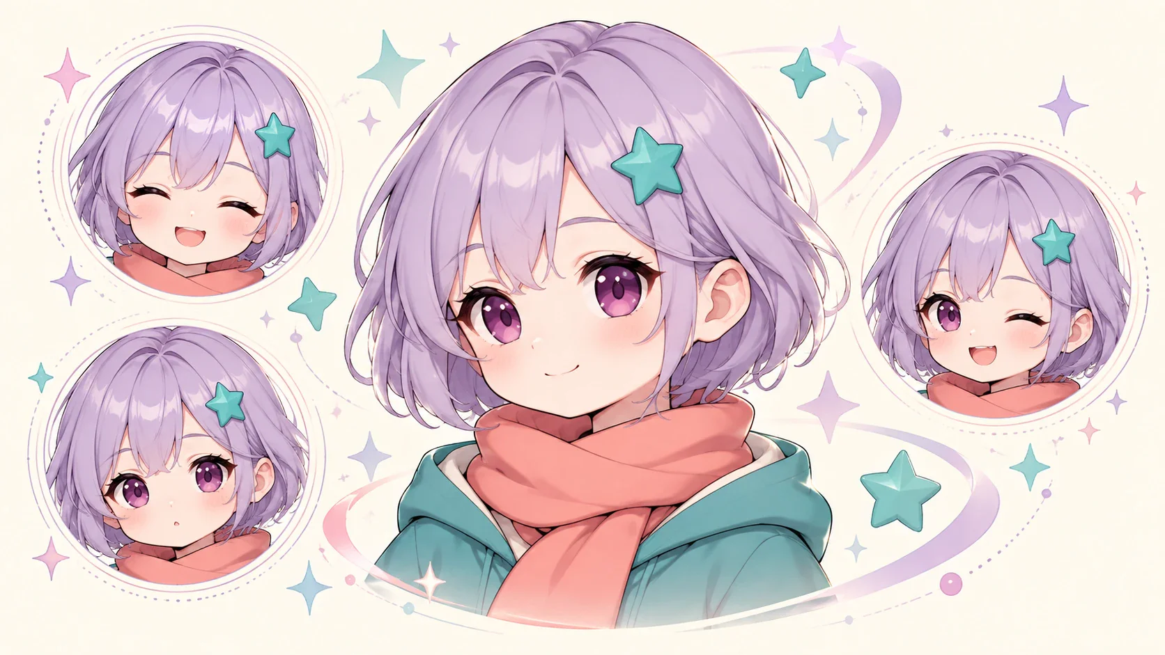 Original chibi character shown as a large profile portrait and three circular avatar crops