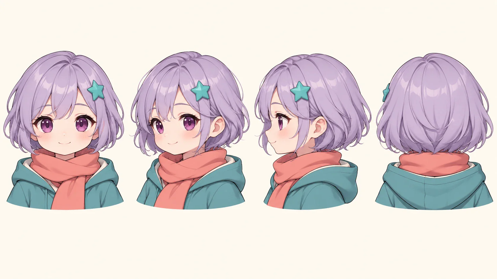 Consistent chibi character sheet with front, three-quarter, side, and back-of-head portraits