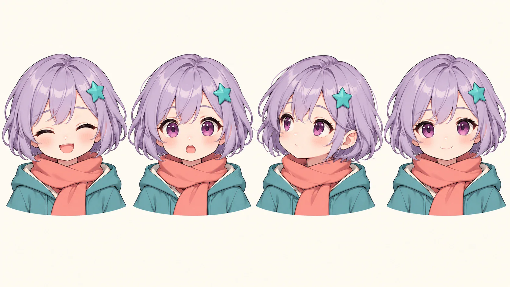 One consistent chibi character shown in four distinct head-and-shoulders expressions