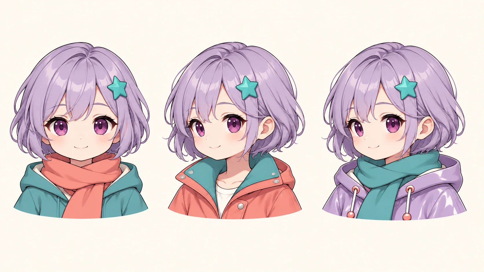 One original chibi character explored in three coordinated shoulder-up outfit variations