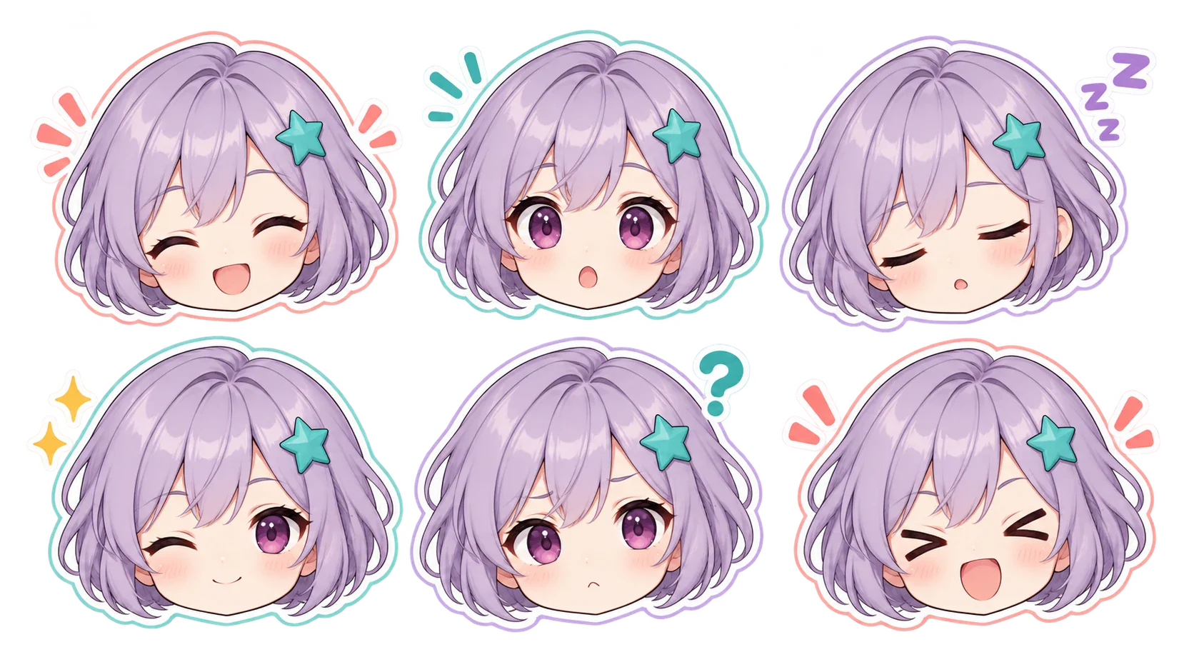 Six consistent head-only chibi reaction stickers with distinct facial expressions