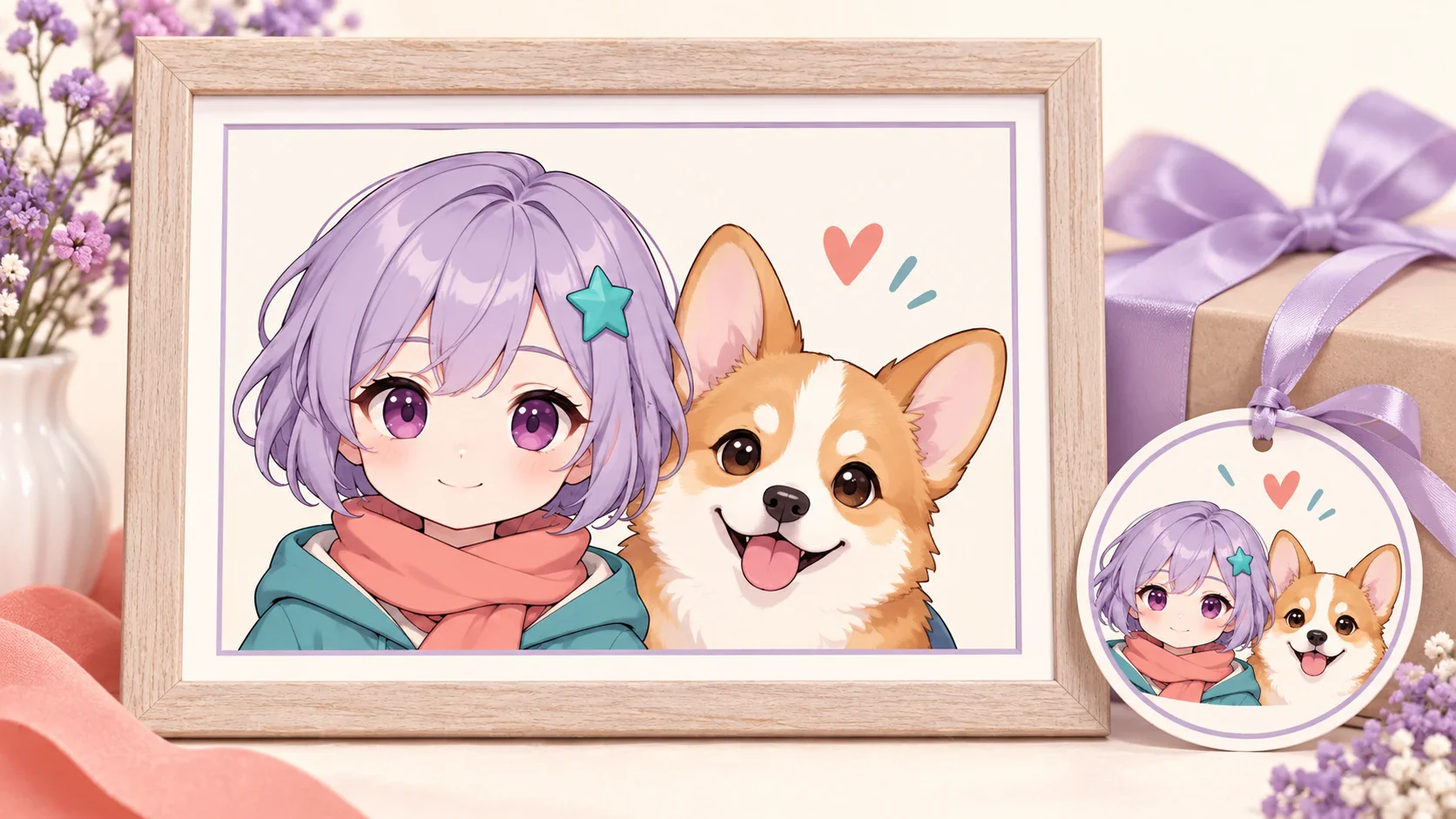 Framed personalized chibi portrait of a character and corgi face with a matching gift tag