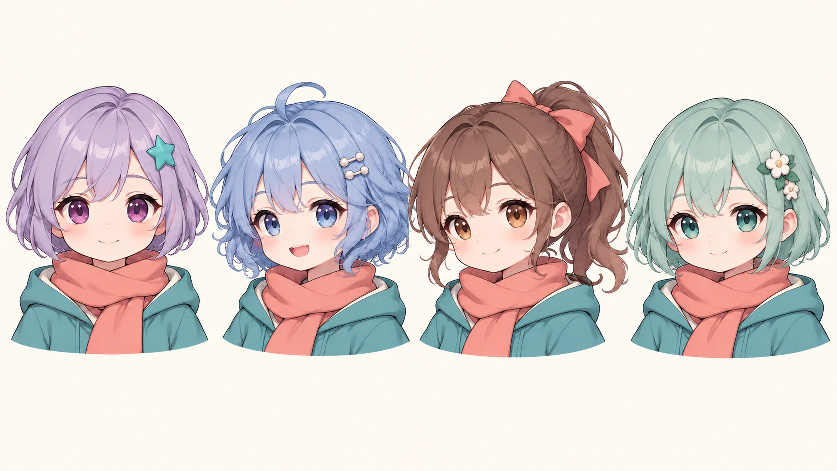 Four original chibi characters designed as a cohesive story cast and mascot family