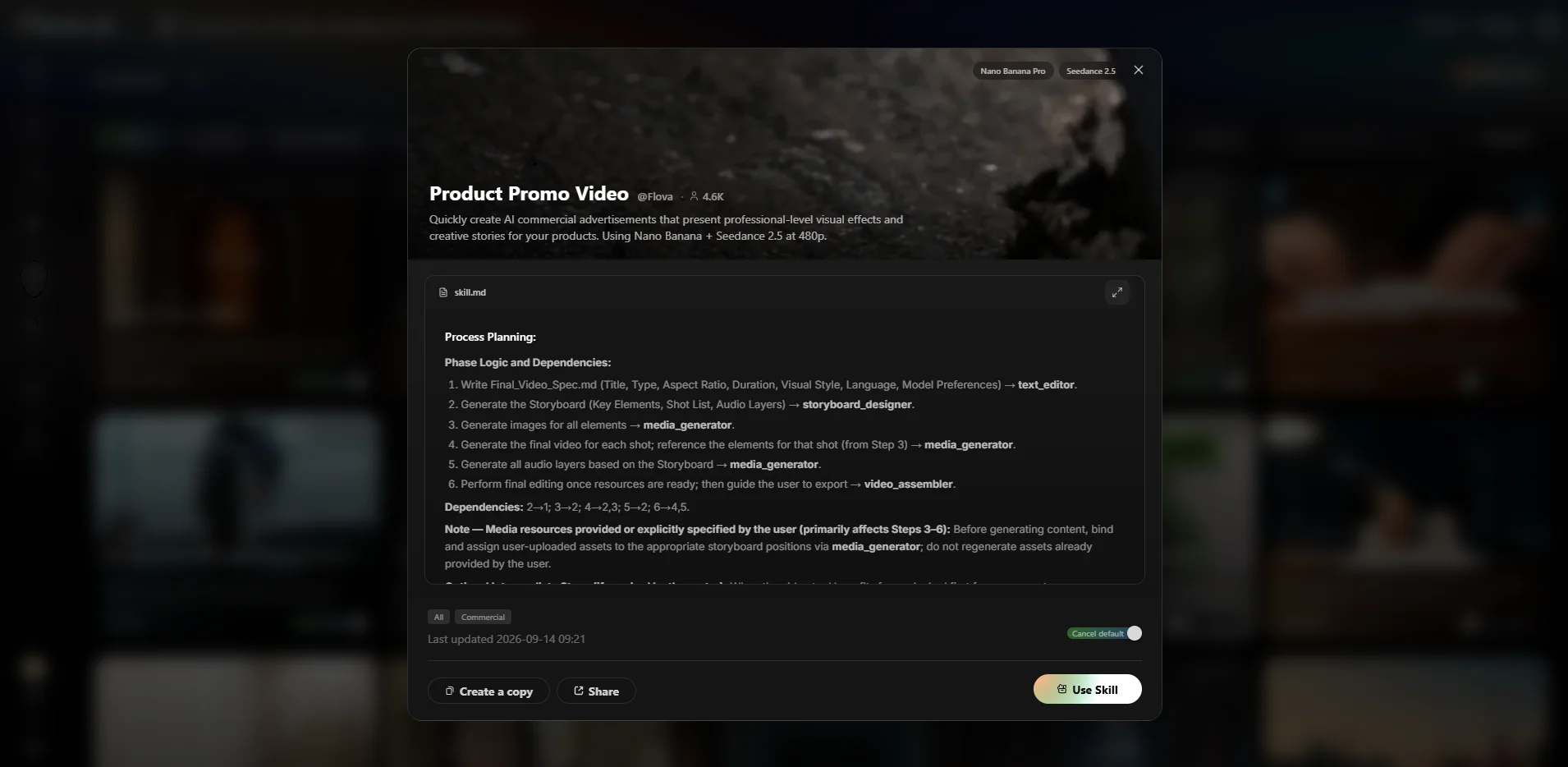 Flova AI Product Promo Video Skill for creating AI-generated advertising videos