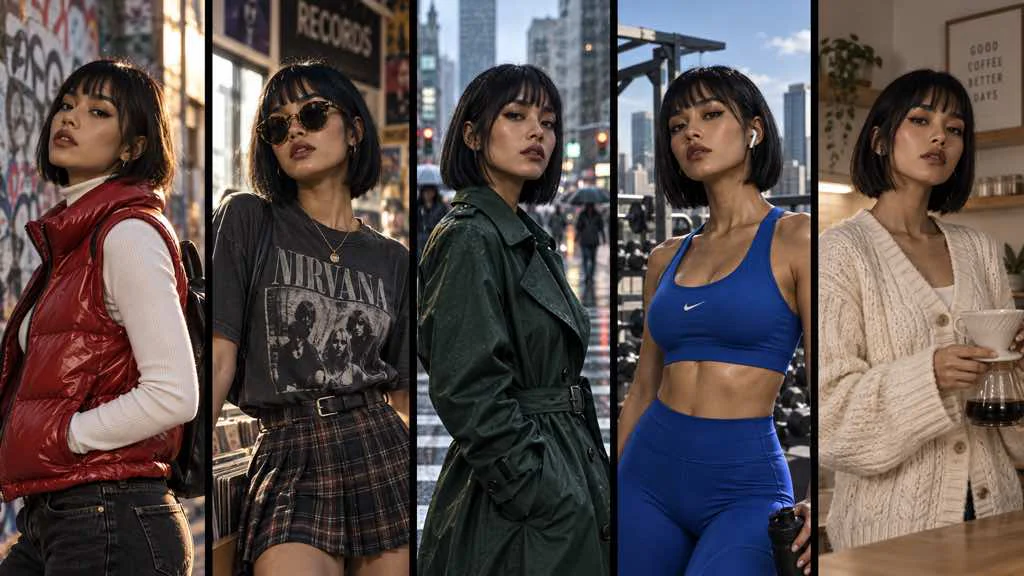 Consistent original AI influencer shown across several outfits and video scenes