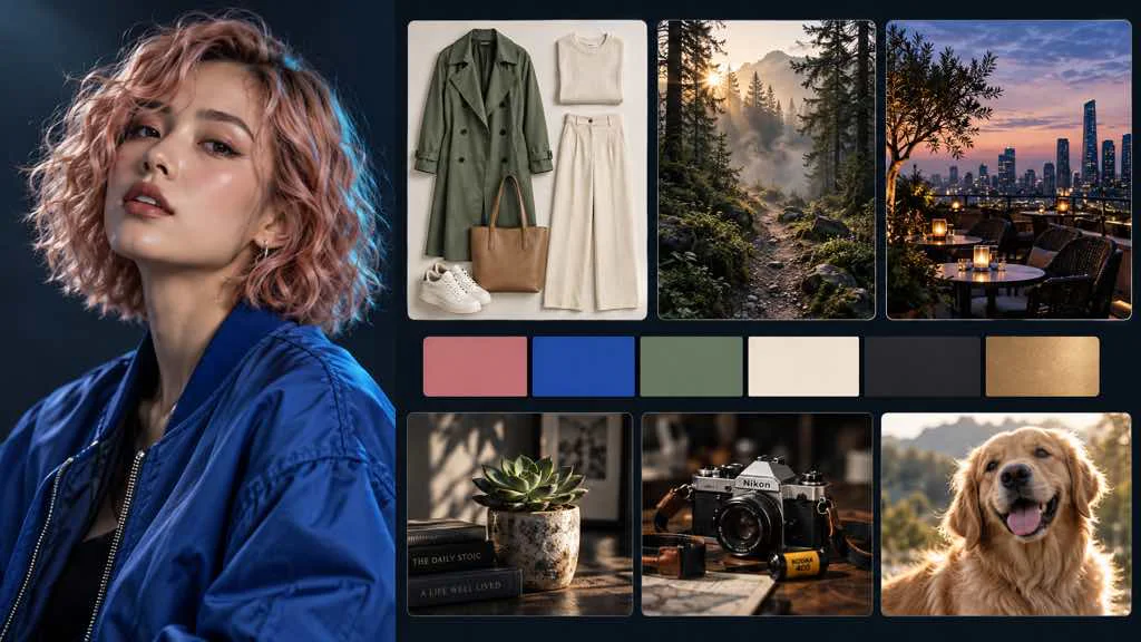 Original virtual influencer persona board with wardrobe, colors, settings, and content themes