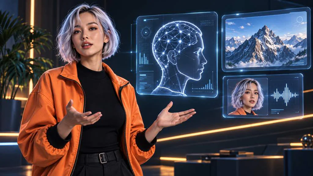 AI influencer hosting a clear educational video with visual explanation panels