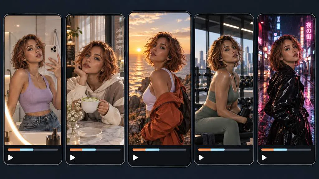 Original virtual influencer appearing in a coordinated series of social video scenes