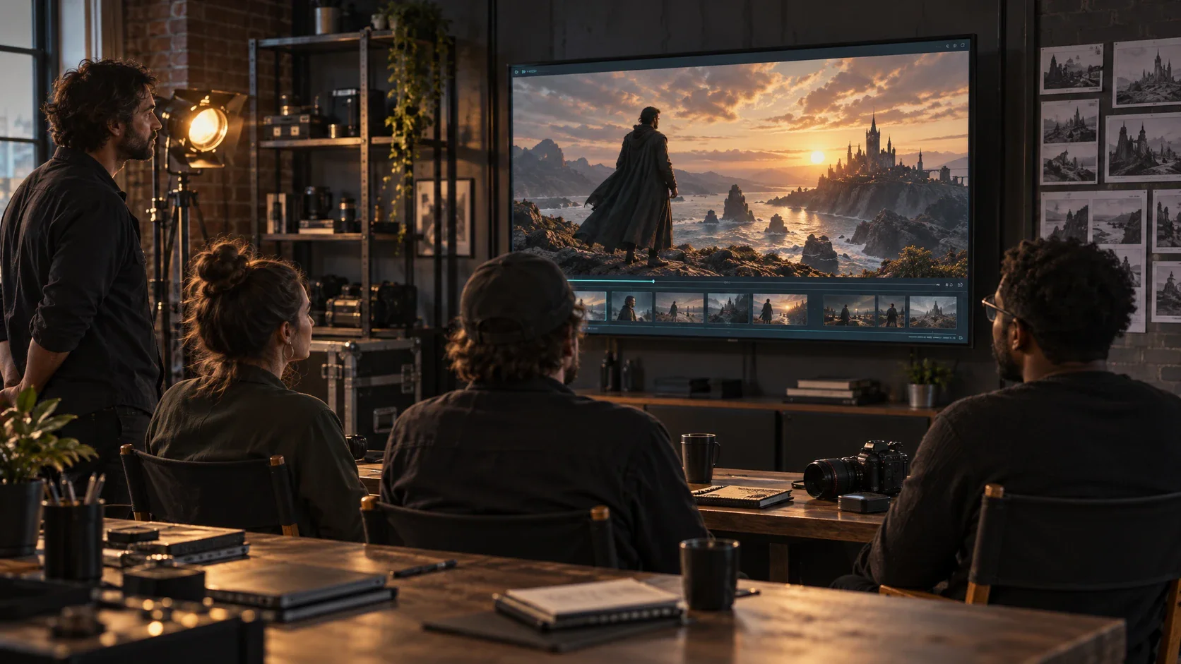 Filmmaking team reviewing a completed cinematic story across connected screens