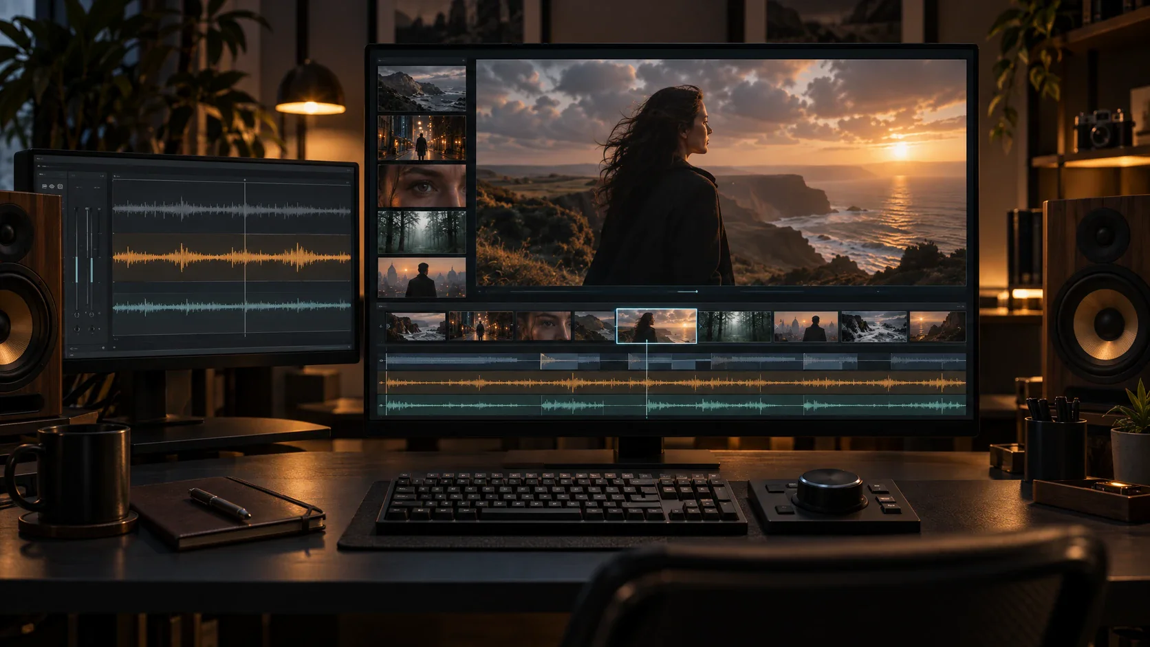 Movie timeline combining cinematic scenes, narration, music, and sound direction