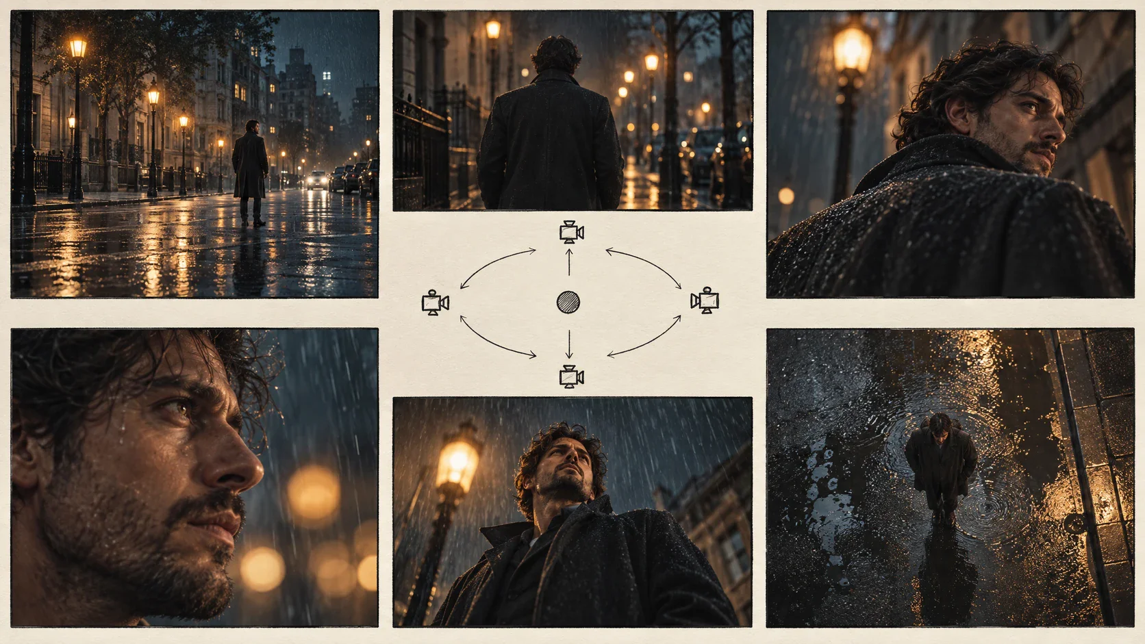 Cinematic shot variations showing camera angle, movement, lighting, and framing controls