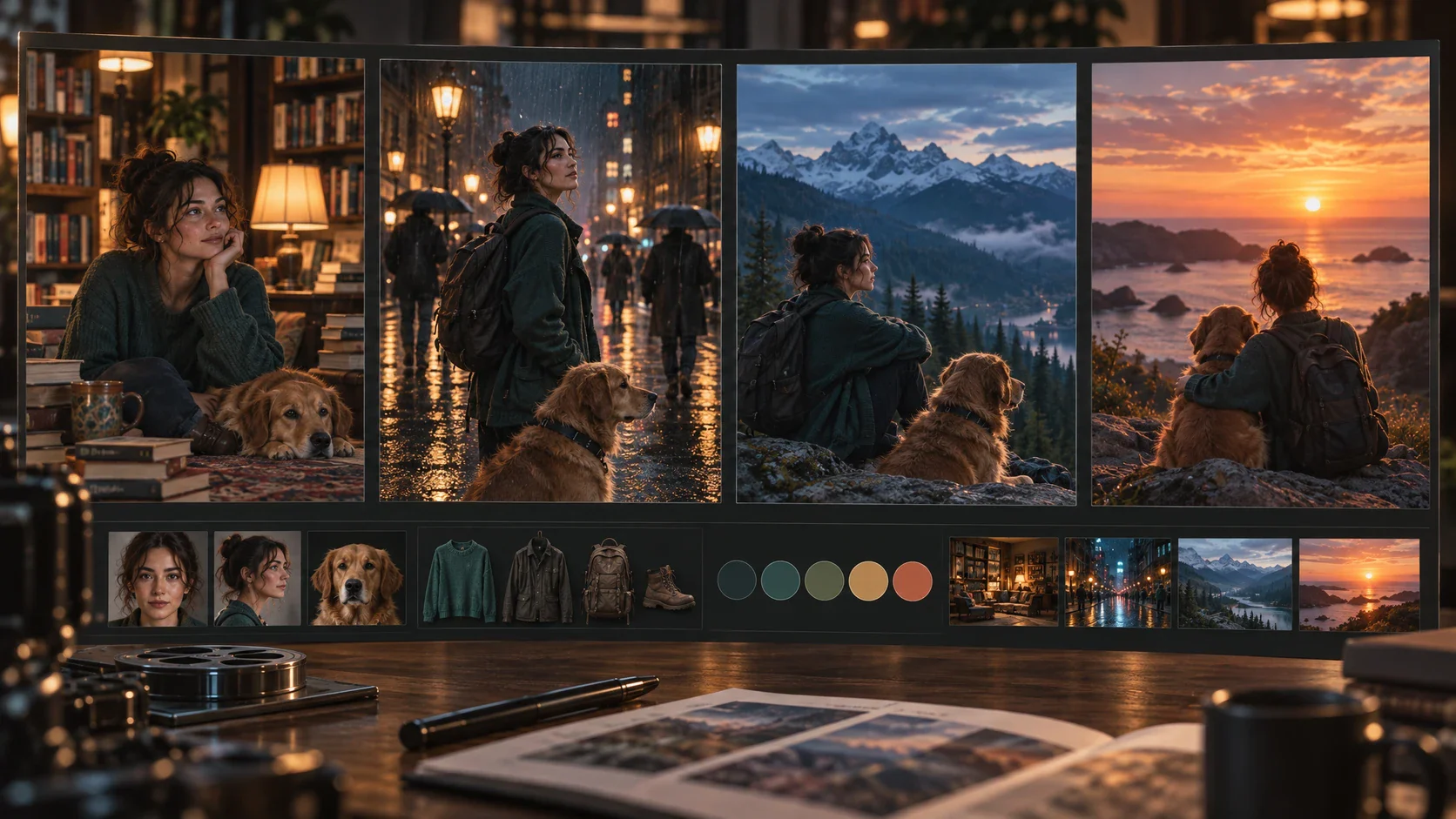 The same fictional cast and locations shown consistently across cinematic movie scenes
