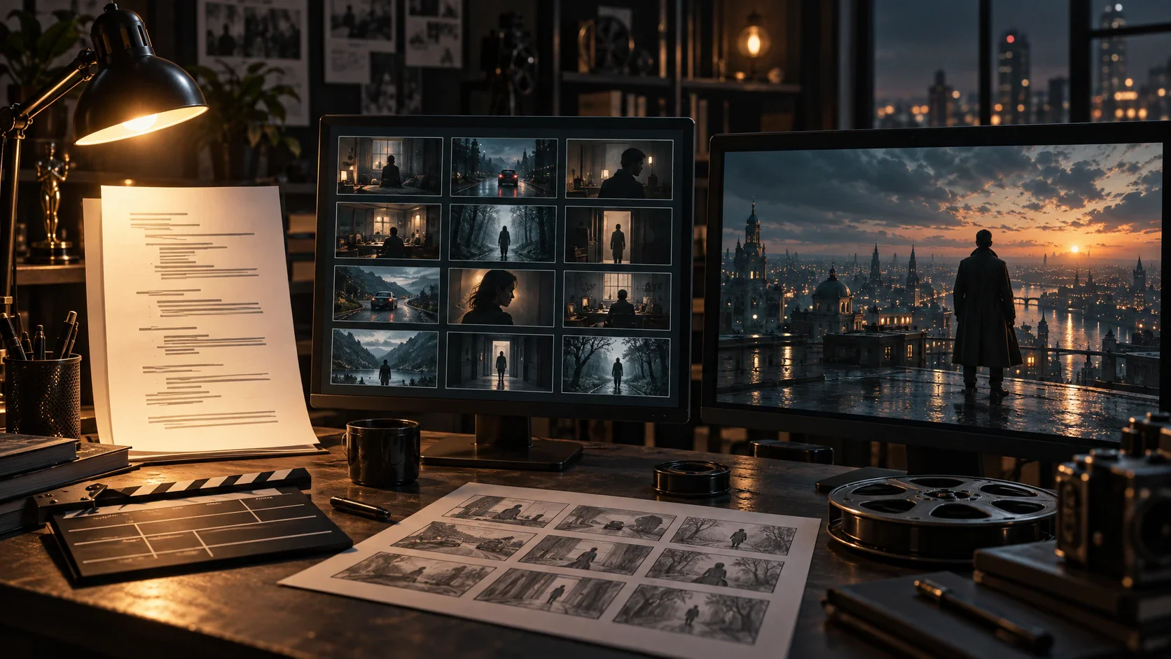 Screenplay, scene cards, and cinematic storyboard arranged in a Flova movie project
