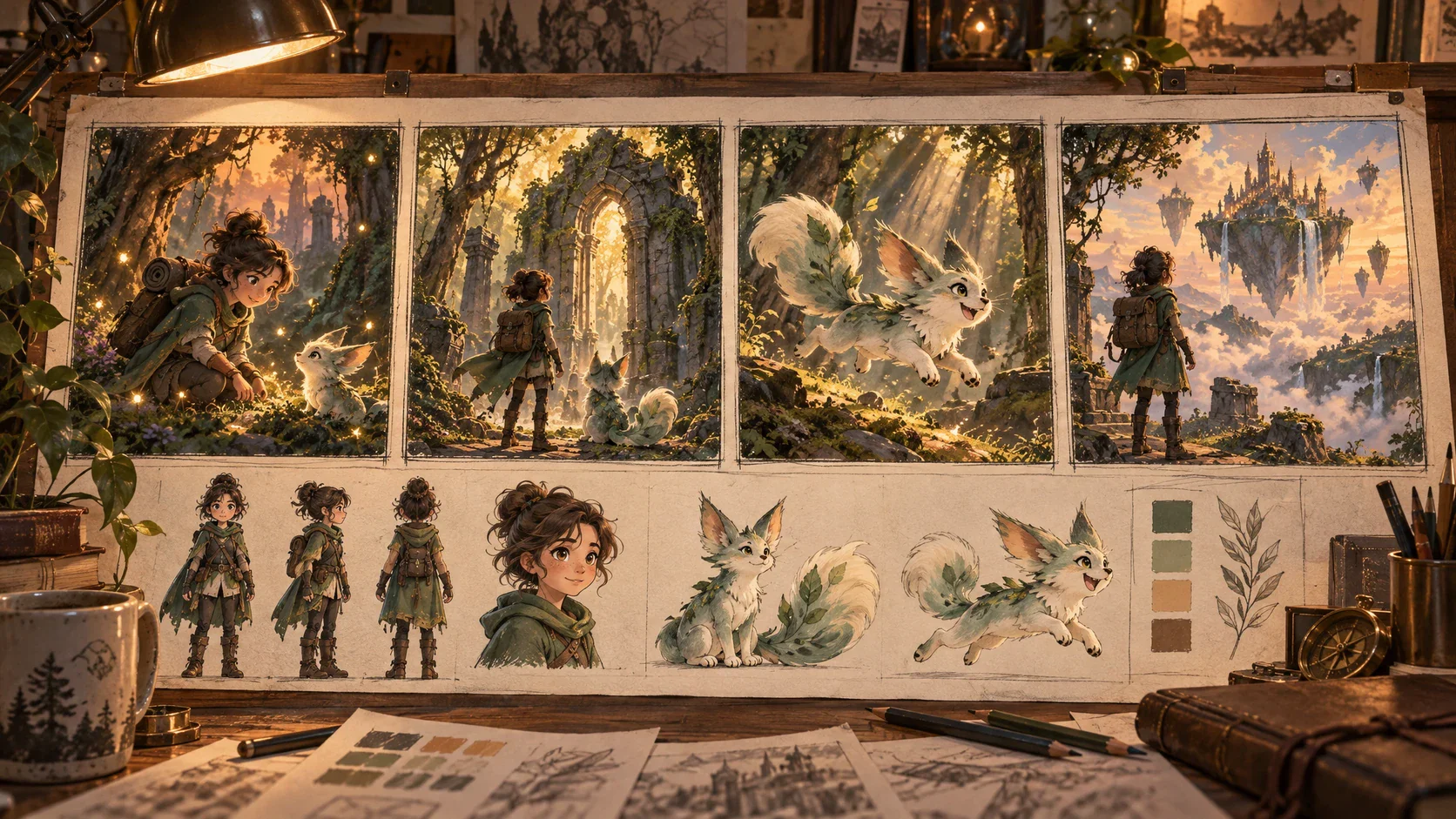 Stylized animated characters and environments connected across a movie storyboard