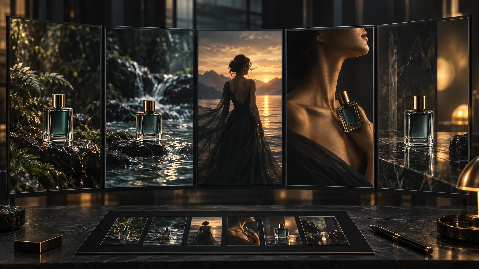 Brand film storyboard combining product references with cinematic campaign scenes