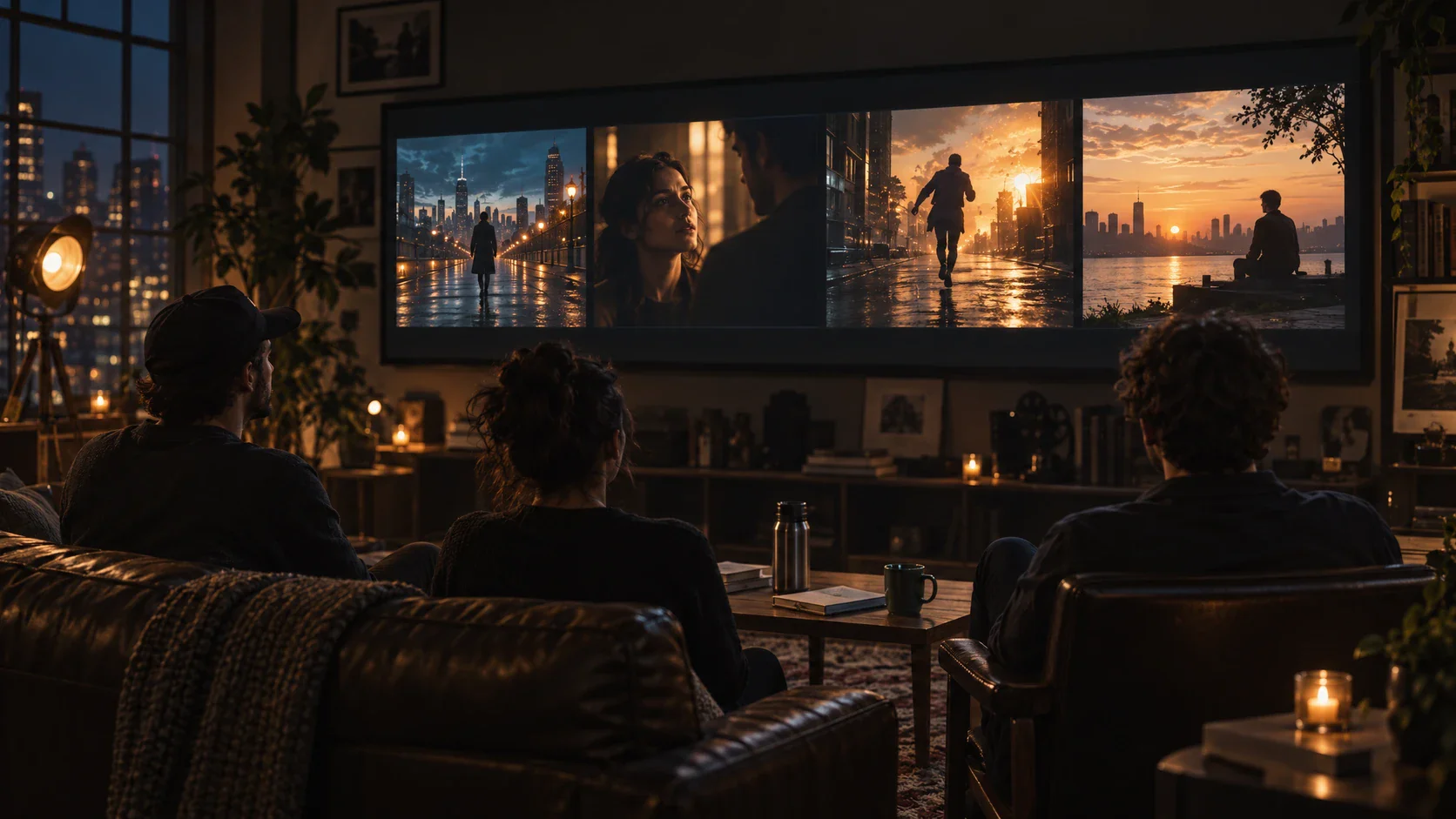 Filmmaker reviewing a sequence of dramatic short-film scenes in a dark studio