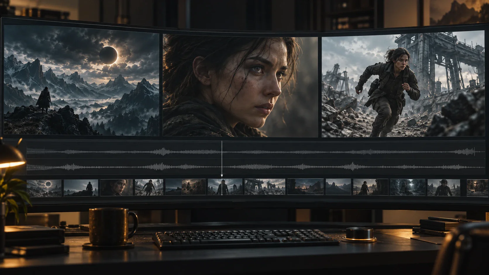 Cinematic trailer sequence with dramatic landscapes, character close-ups, and title pacing