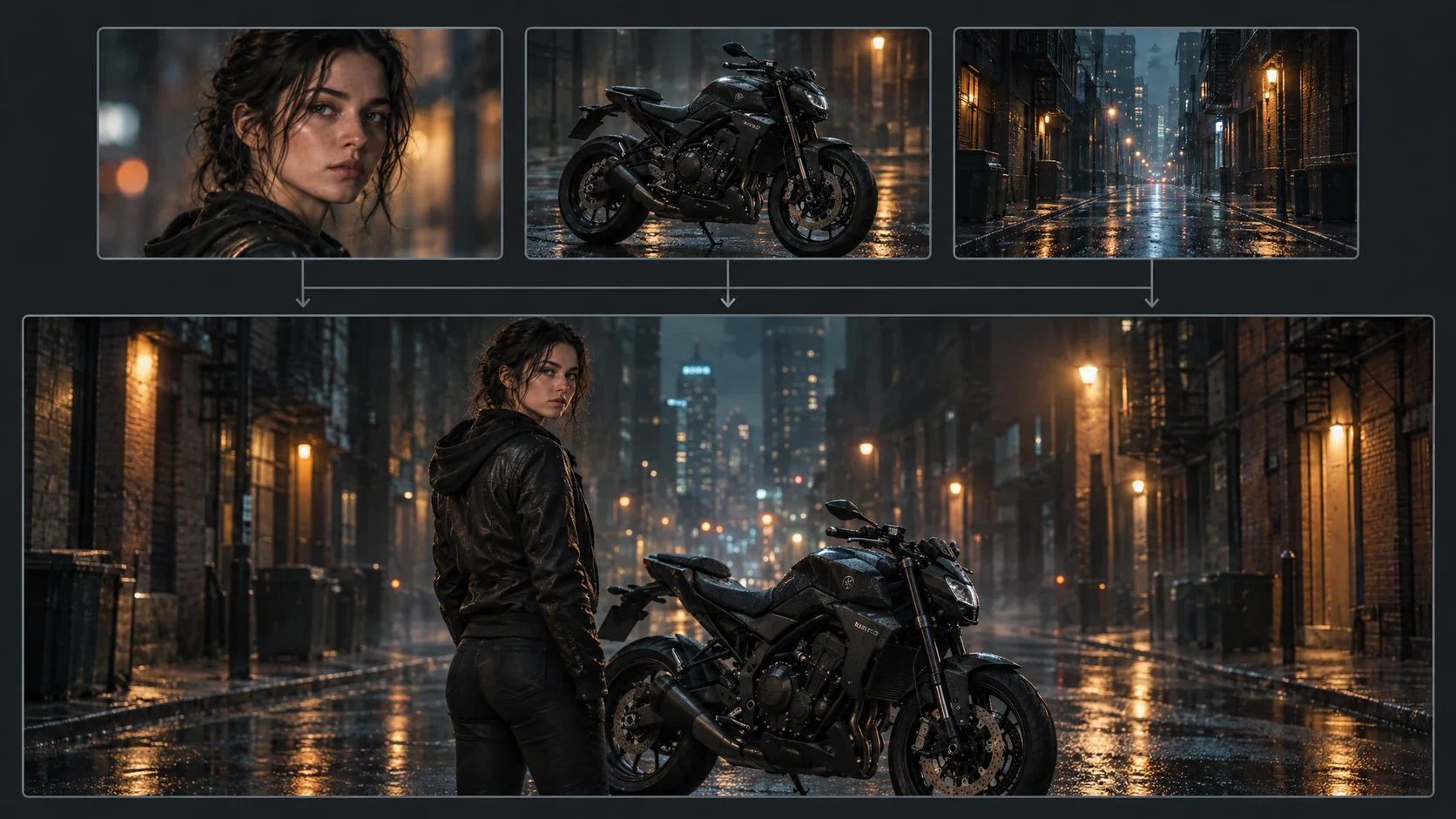 Character, product, and location references feeding a connected multi-shot video sequence