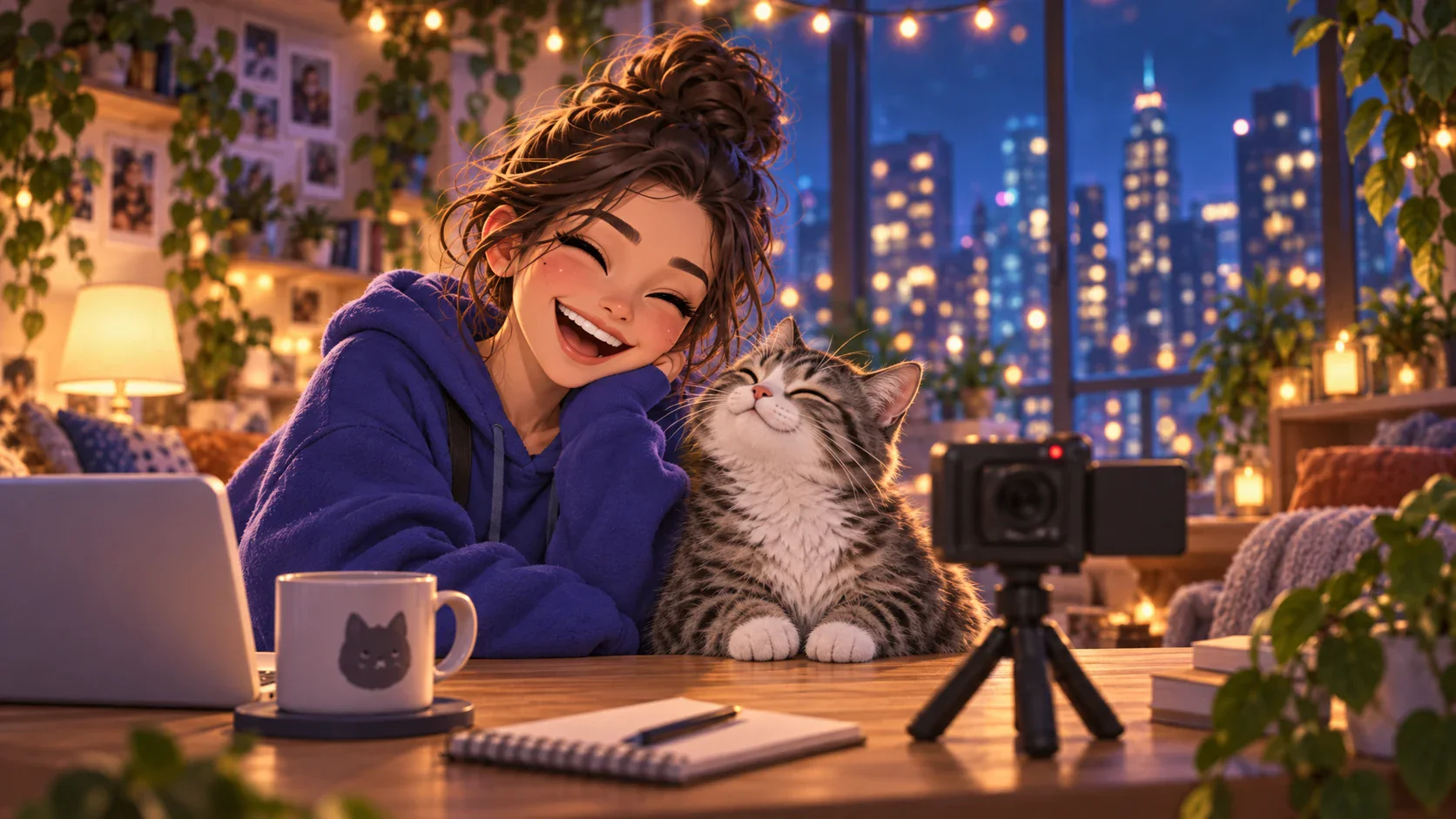 Recurring animated character appearing in four connected social story beats