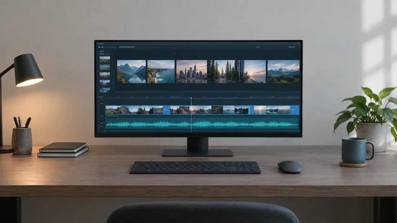 Flova video timeline connecting an interpolated clip with scenes, music, and narration