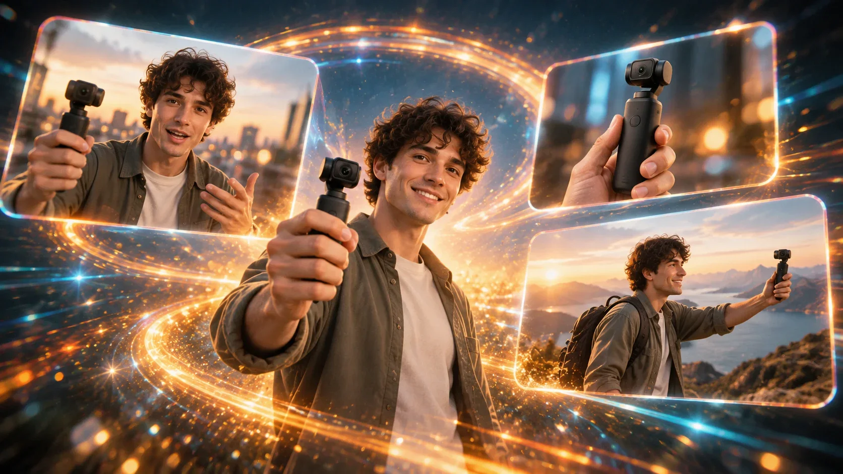 The same creator demonstrating a handheld camera across indoor and outdoor scenes