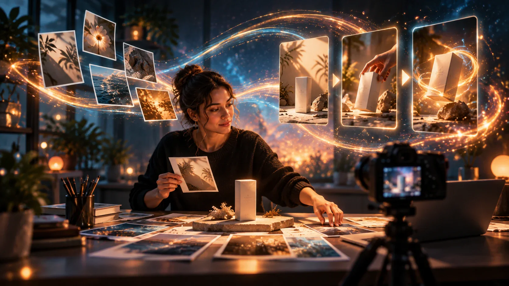 A creator arranging product photos and storyboard references for a video shoot