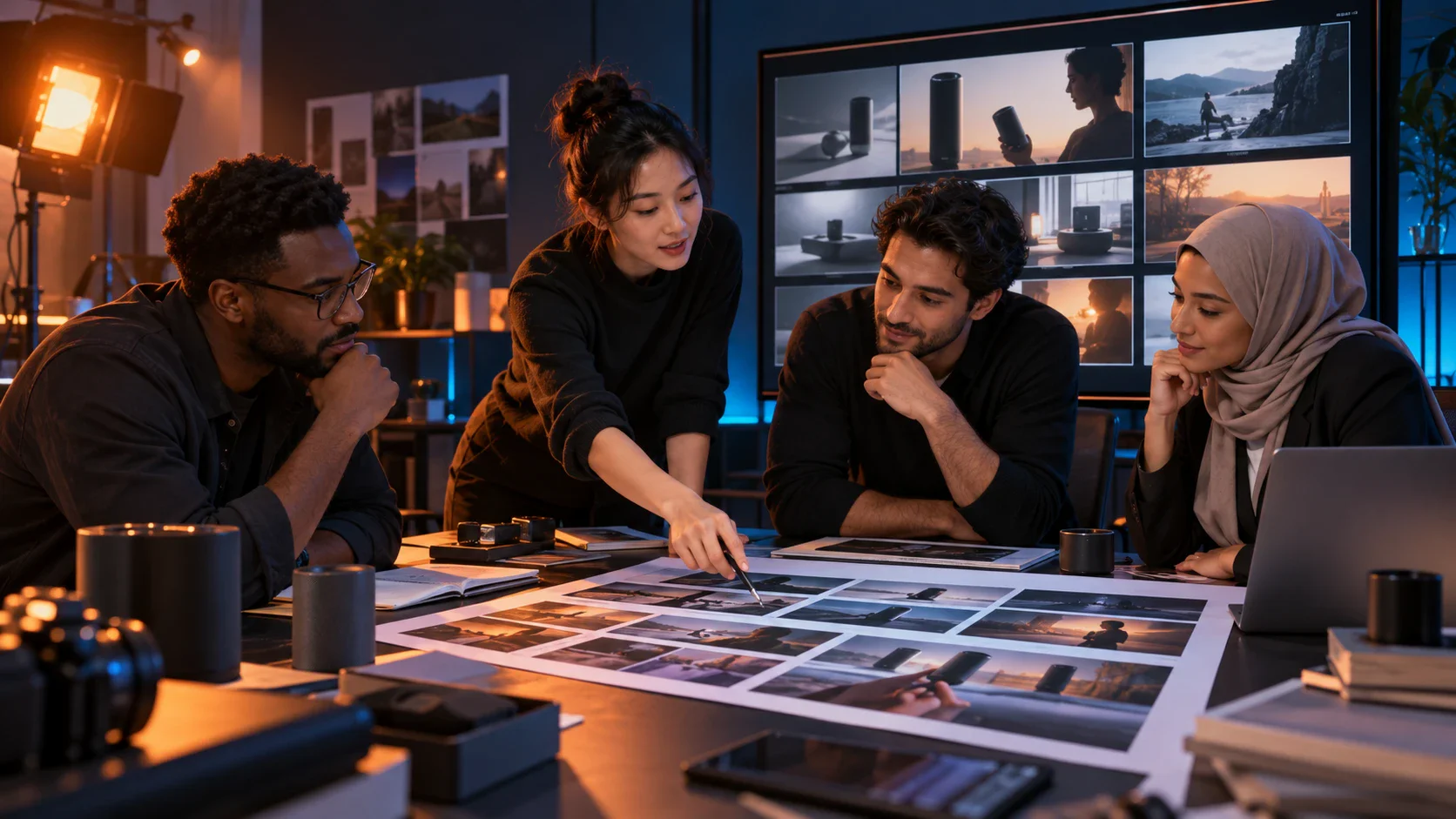 A creative team reviewing printed storyboards with video scenes on monitors behind them