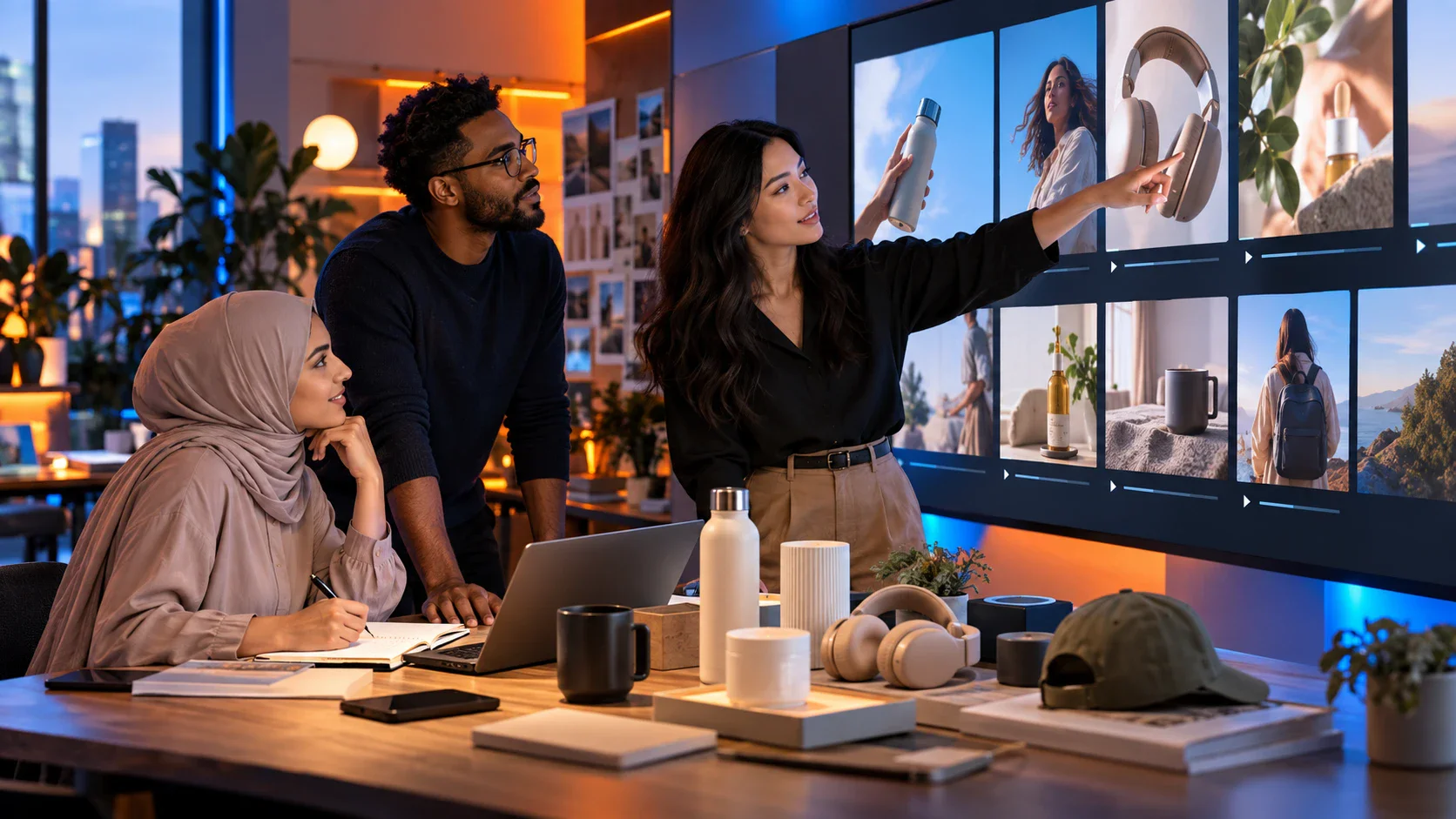 A team reviewing product video scenes on a large display with sample products on the table