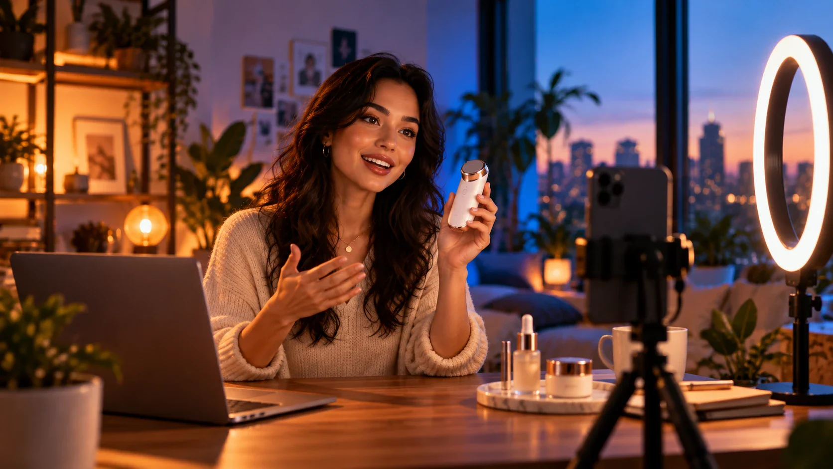 A creator presenting a skincare bottle to a smartphone camera beside a ring light
