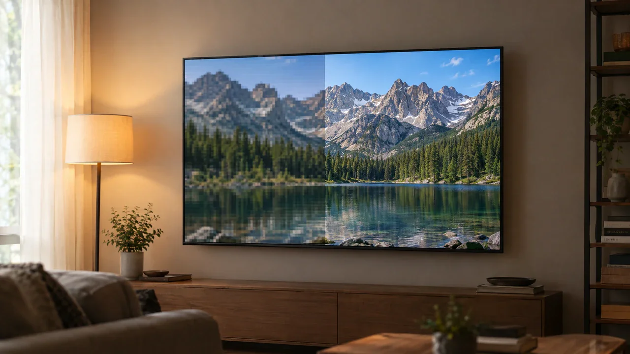 Low-resolution video compared with a clearer AI-upscaled result on a large display