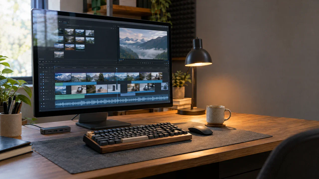 AI video project timeline combining an upscaled clip with narration and generated scenes