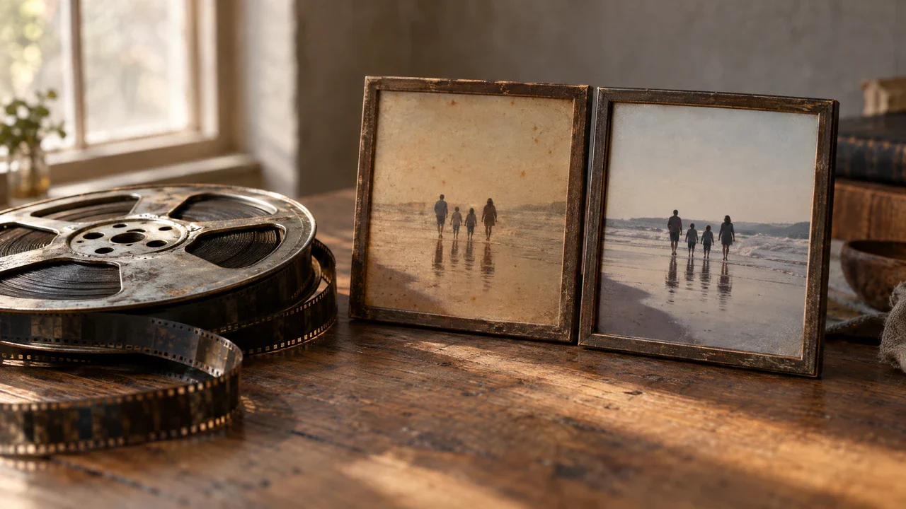 Restored family archive footage displayed beside its low-resolution source
